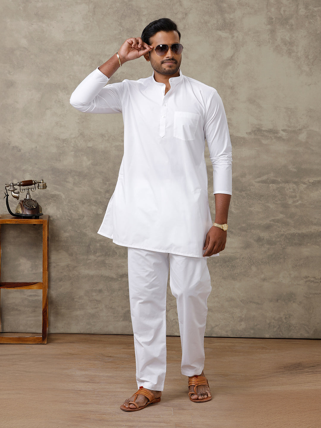 Men Cotton Medium Length White Kurta Pyjama Set