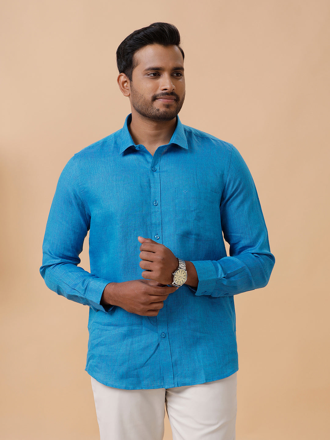 Men Pure Linen Blue Shirt L67