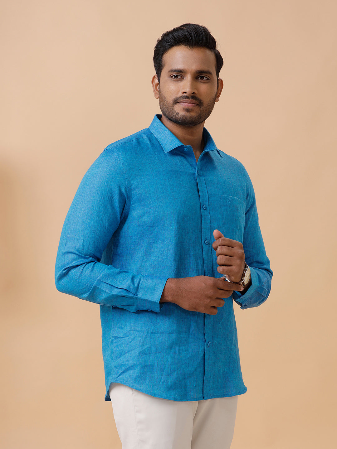 Men Pure Linen Blue Shirt L67
