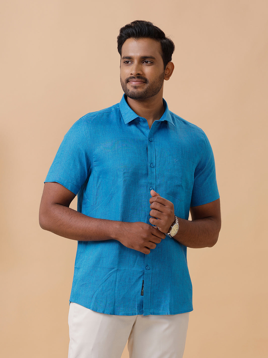 Men Pure Linen Blue Shirt L67