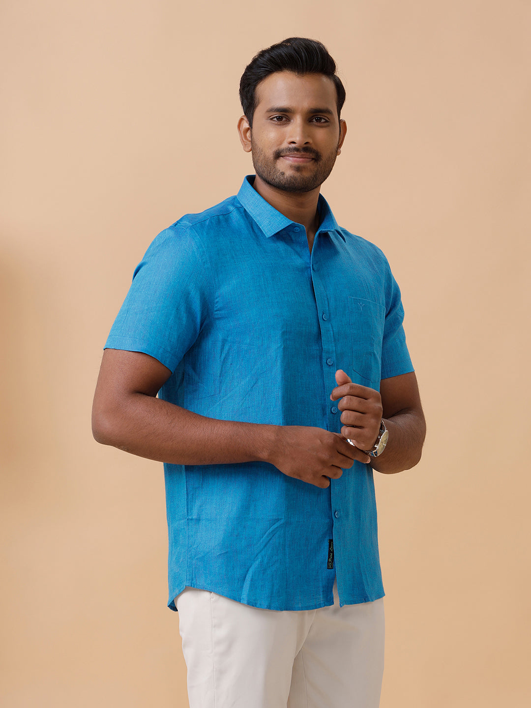 Men Pure Linen Blue Shirt L67