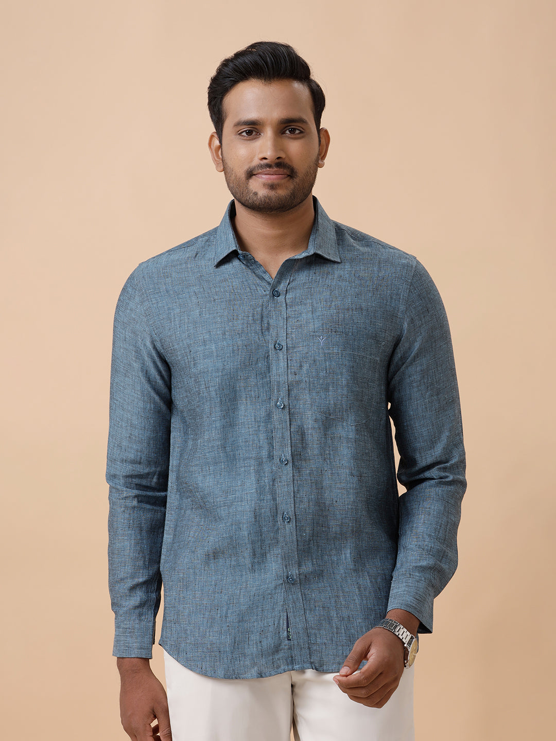 Mens Pure Linen Shirt Blue L20