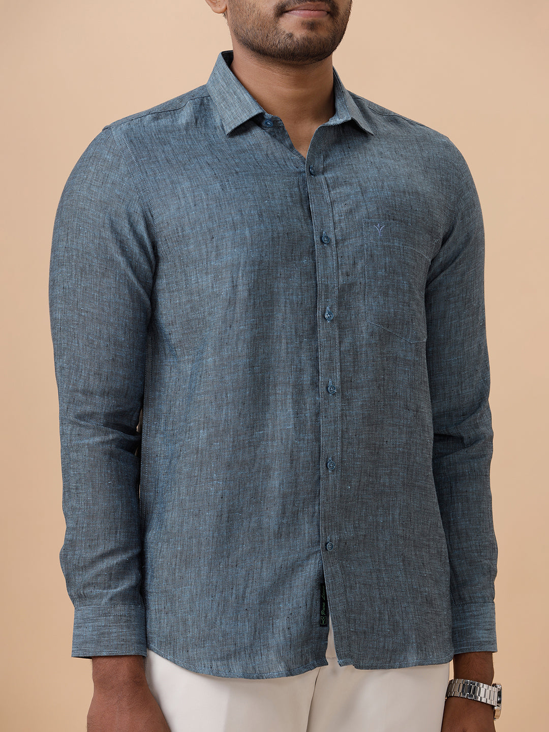 Mens Pure Linen Shirt Blue L20