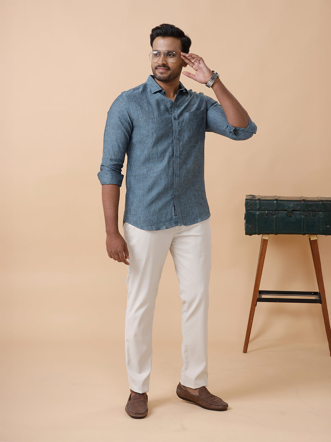Mens Pure Linen Shirt Blue L20