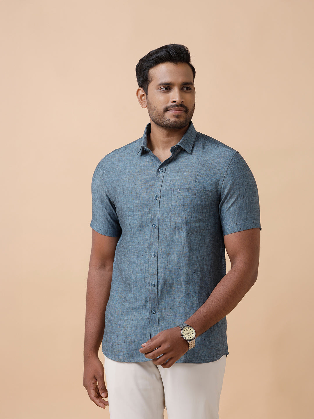 Mens Pure Linen Shirt Blue L20