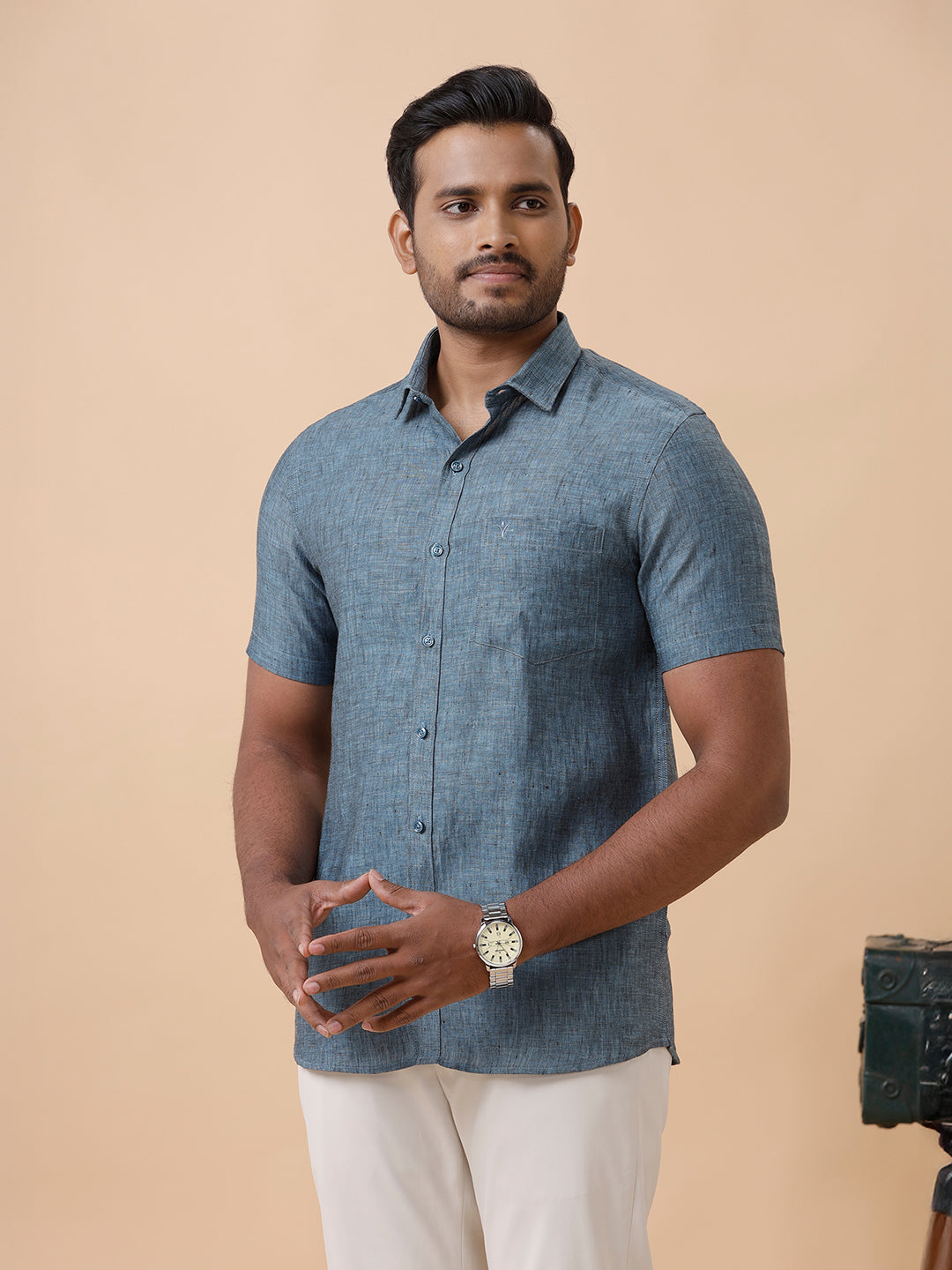 Mens Pure Linen Shirt Blue L20
