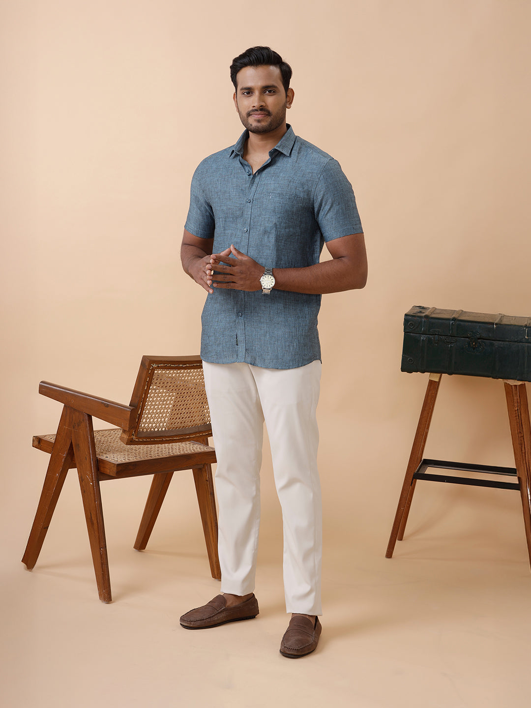 Mens Pure Linen Shirt Blue L20