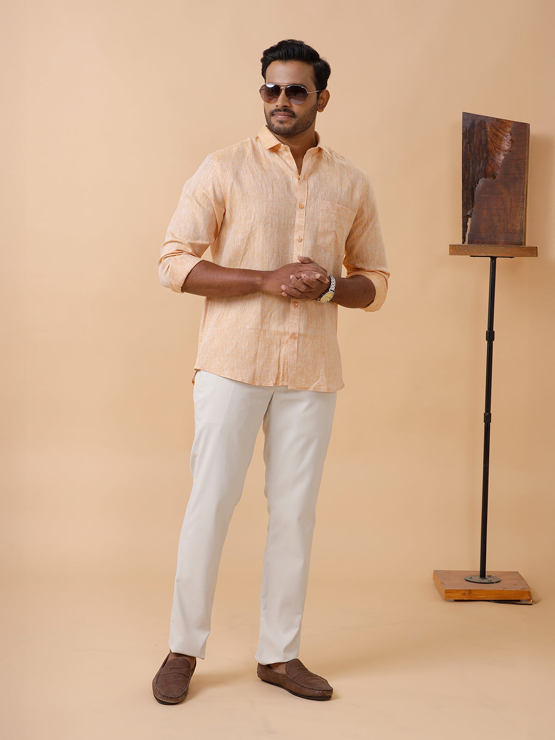 Men Pure Linen Pale Orange Shirt L19