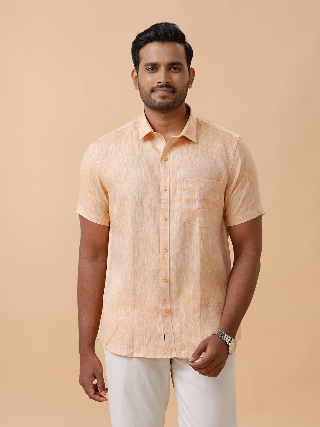 Men Pure Linen Pale Orange Shirt L19