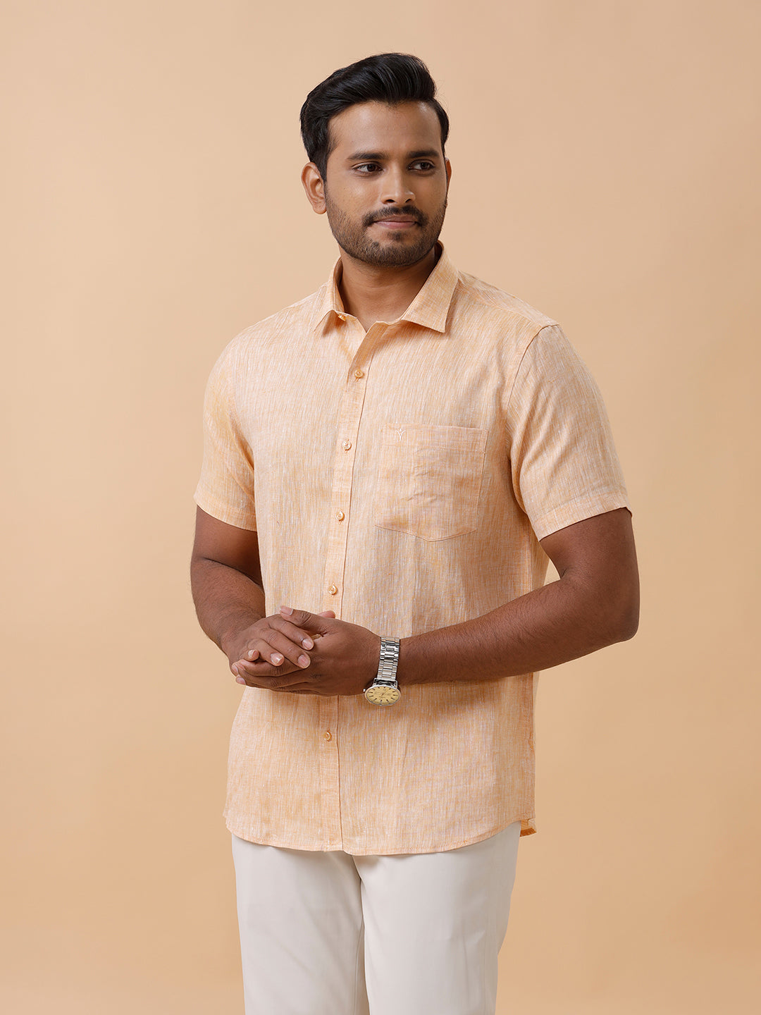 Men Pure Linen Pale Orange Shirt L19
