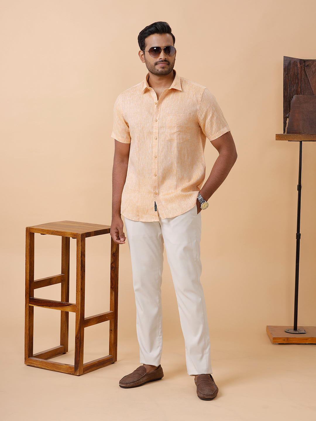 Men Pure Linen Pale Orange Shirt L19