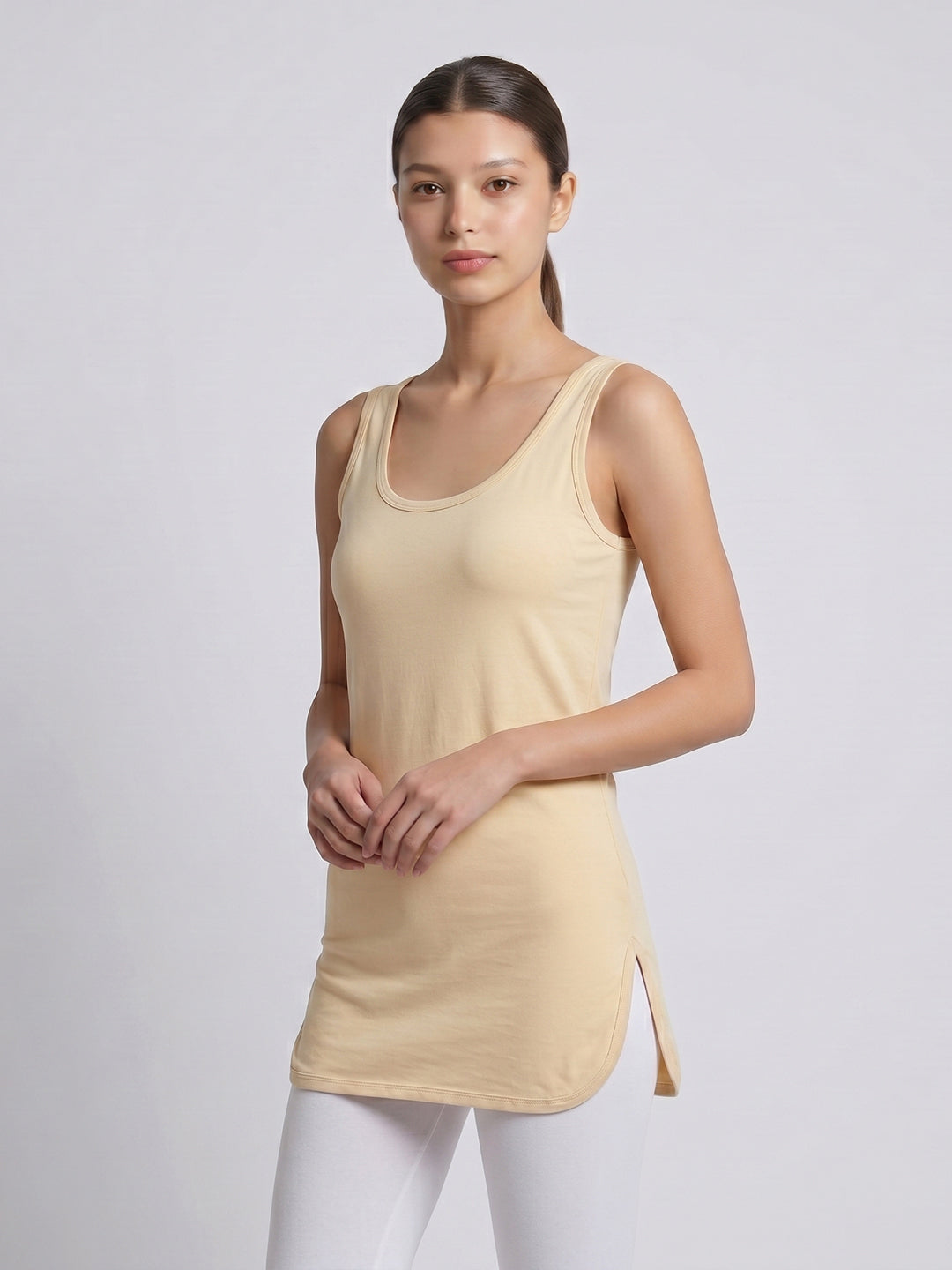 Women 100% Combed Cotton Skin Long Camisole with Side Slit – Flora ( Pack of 2)