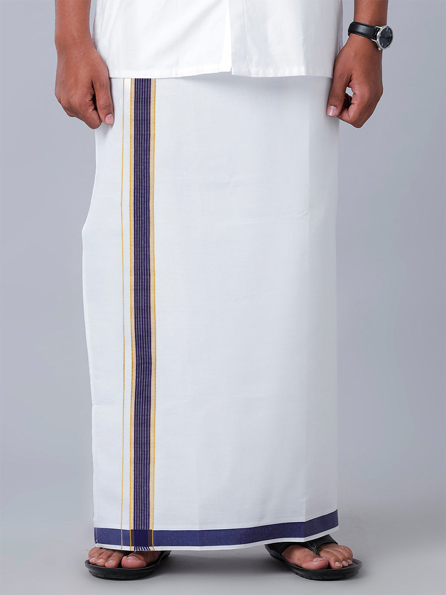 Mens Readymade Adjustable White Dhoti with Navy Fancy Border Champ Jari - L