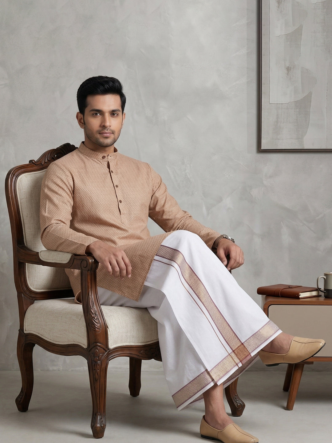 Men Light Purple Medium Length Kurta with Matching Border Dhoti Set MHJ1