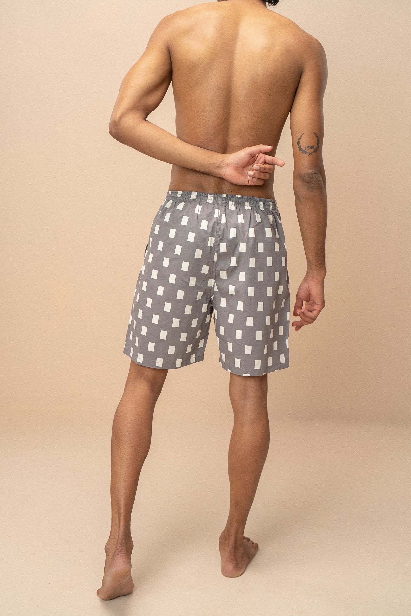 Men 100% Combed Cotton Grey Woven Printed Boxer Long Shorts WB47