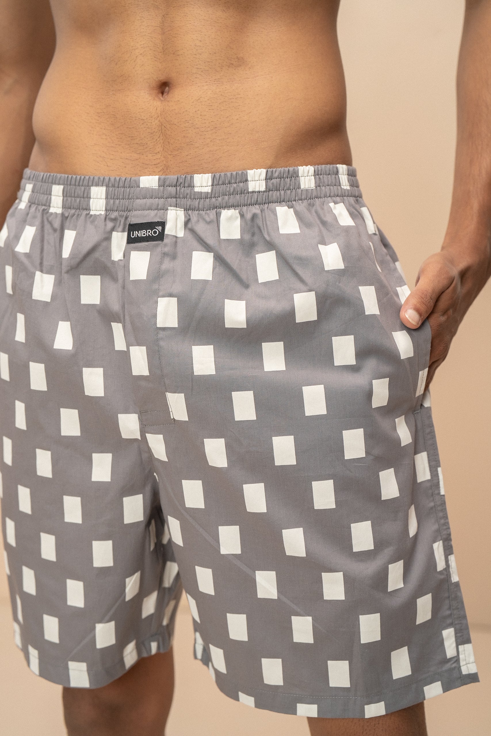 Men 100% Combed Cotton Grey Woven Printed Boxer Long Shorts WB47