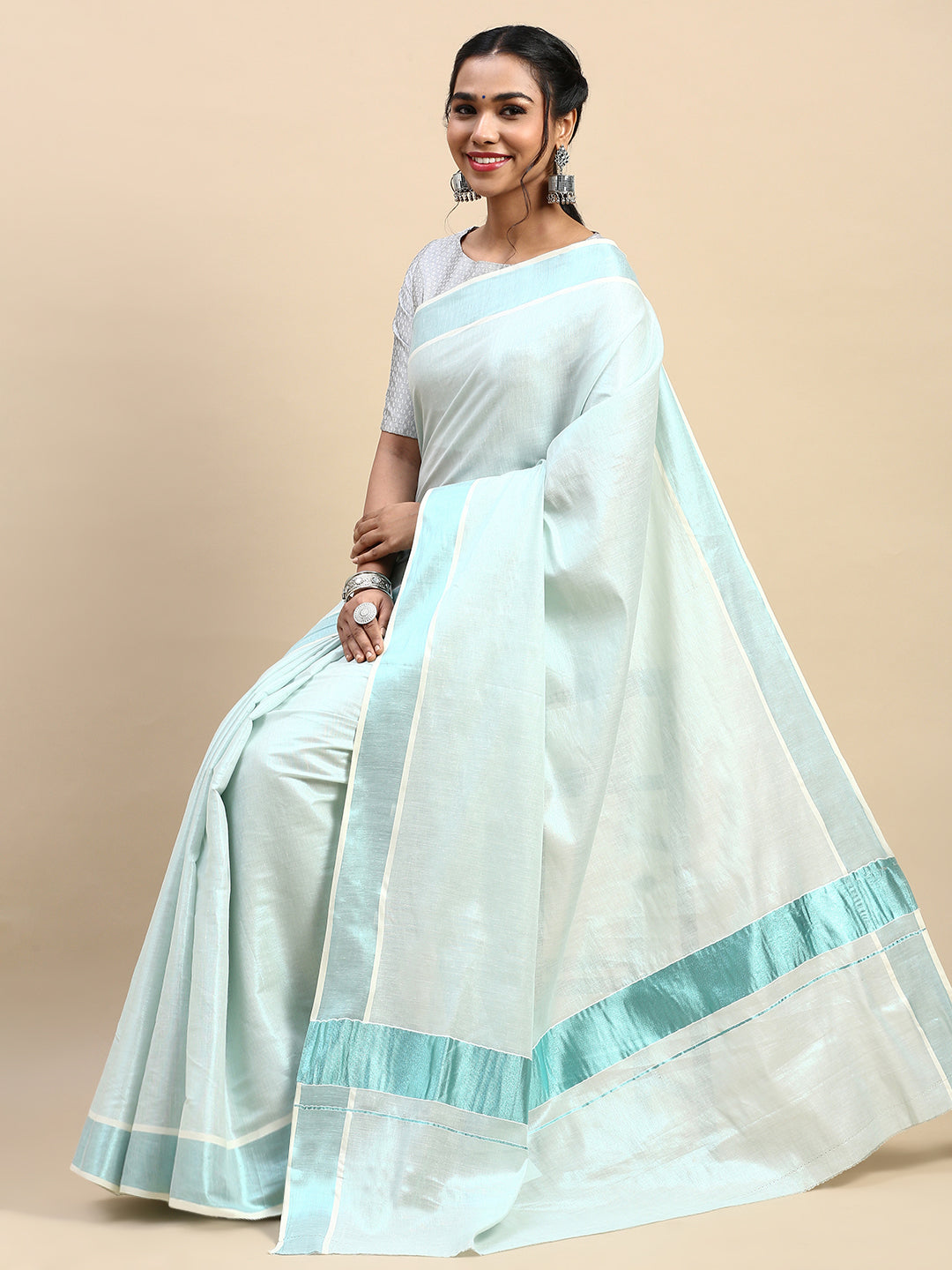 Women Traditional Kerala Tissue Cyan Blue Plain Saree KS217