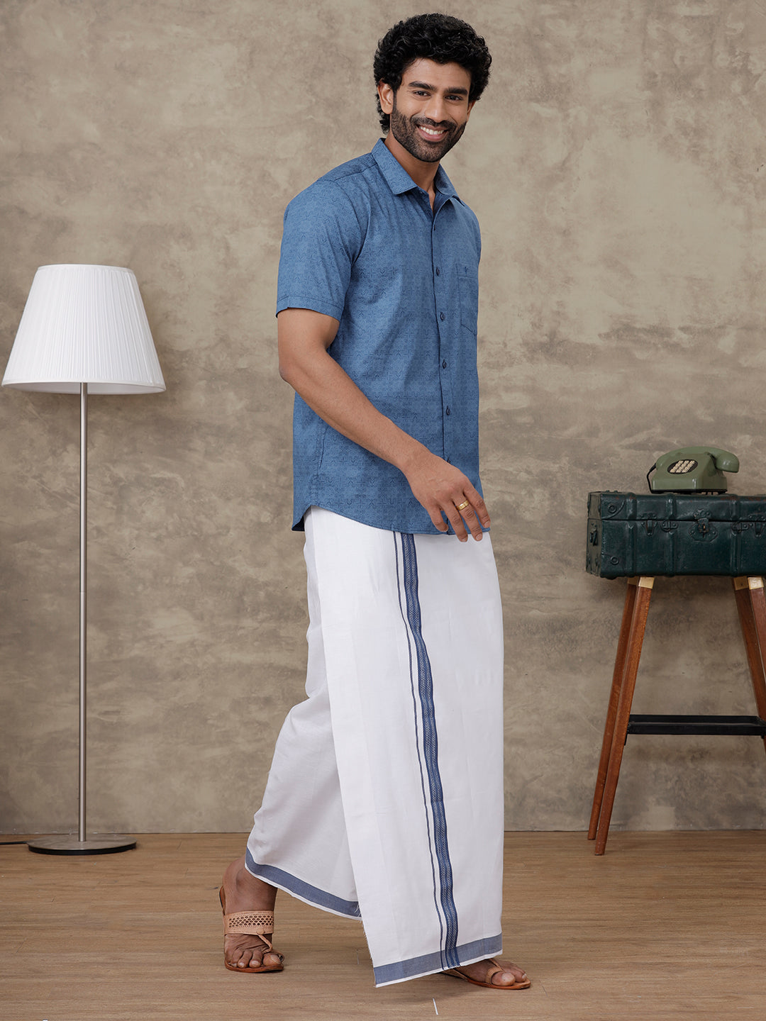 Men Oxford Blue Matching Border Dhoti with Printed Shirt Set Fusion PS7
