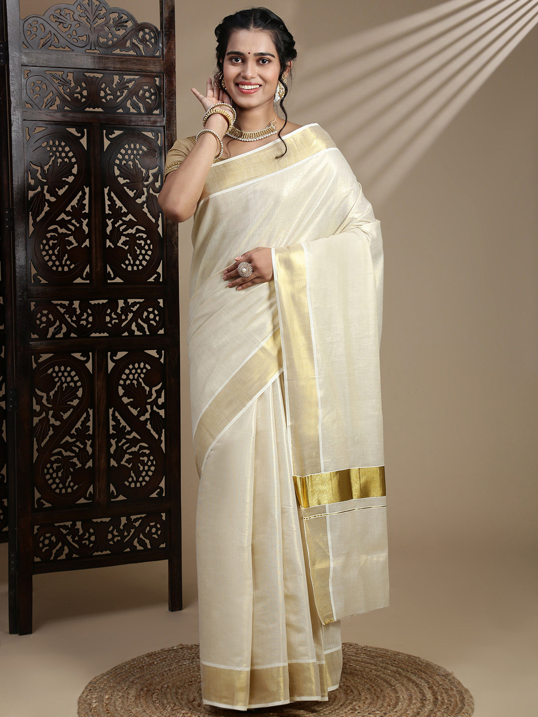 Women Kerala Tissue Gold Plain Saree KS219