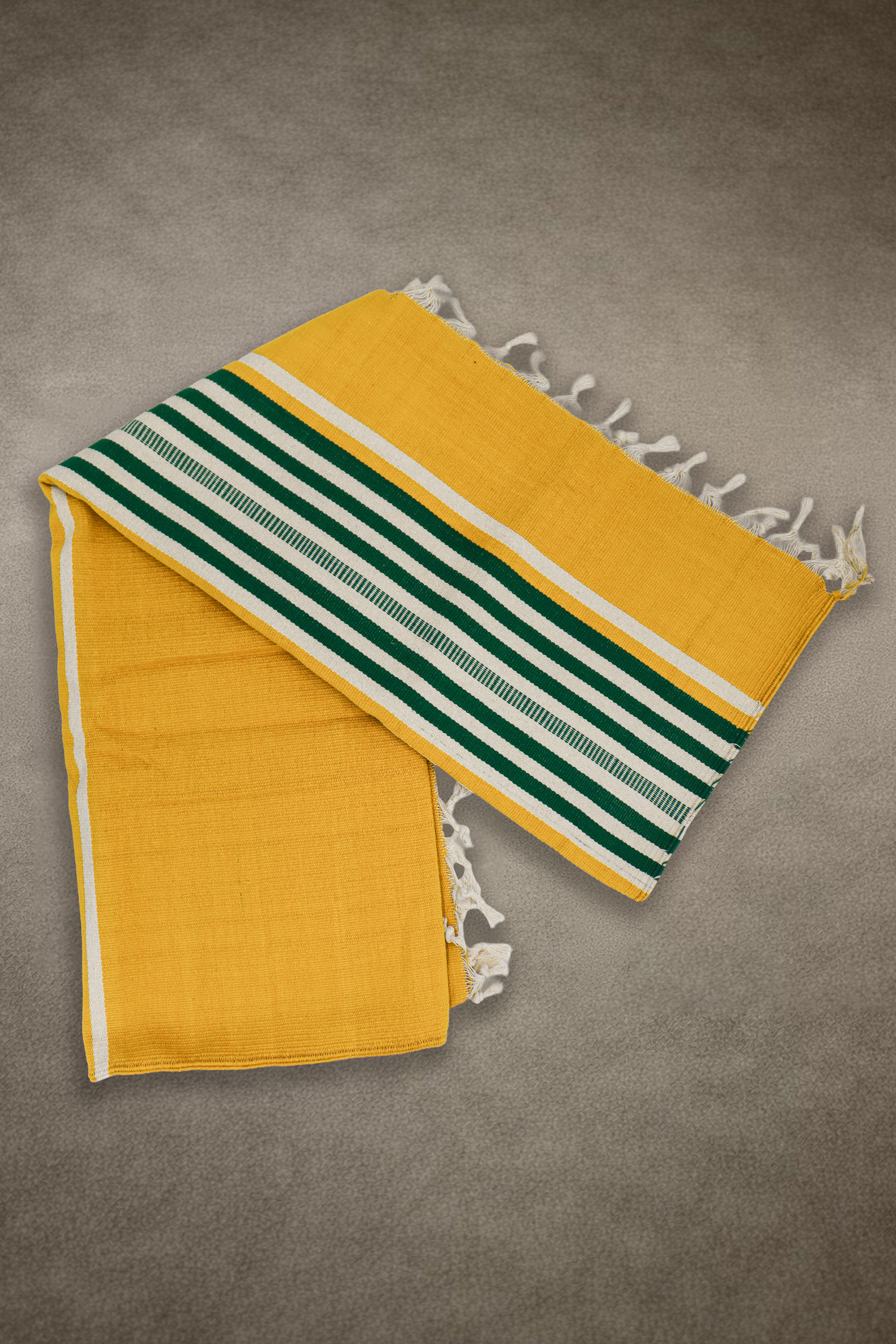Bhavani Jamakkalam / Handwoven Cotton Carpet Yellow Base with White & Green Stripes (3.25 ft × 6.5 ft)