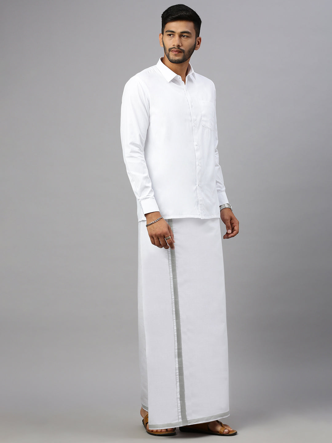Men 100% Cotton Single Layer White Dhoti with Jari Border Silver Storm