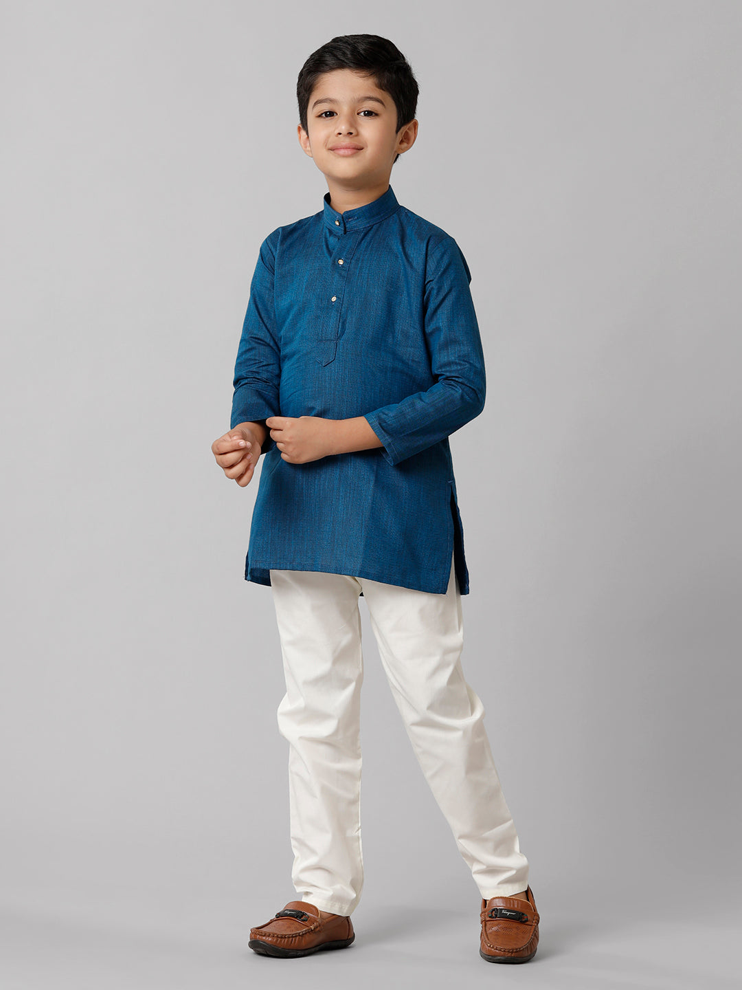 Boys Cotton Full Sleeves Navy Kurta with Cream Pyjama Pant Combo FS8-Front view