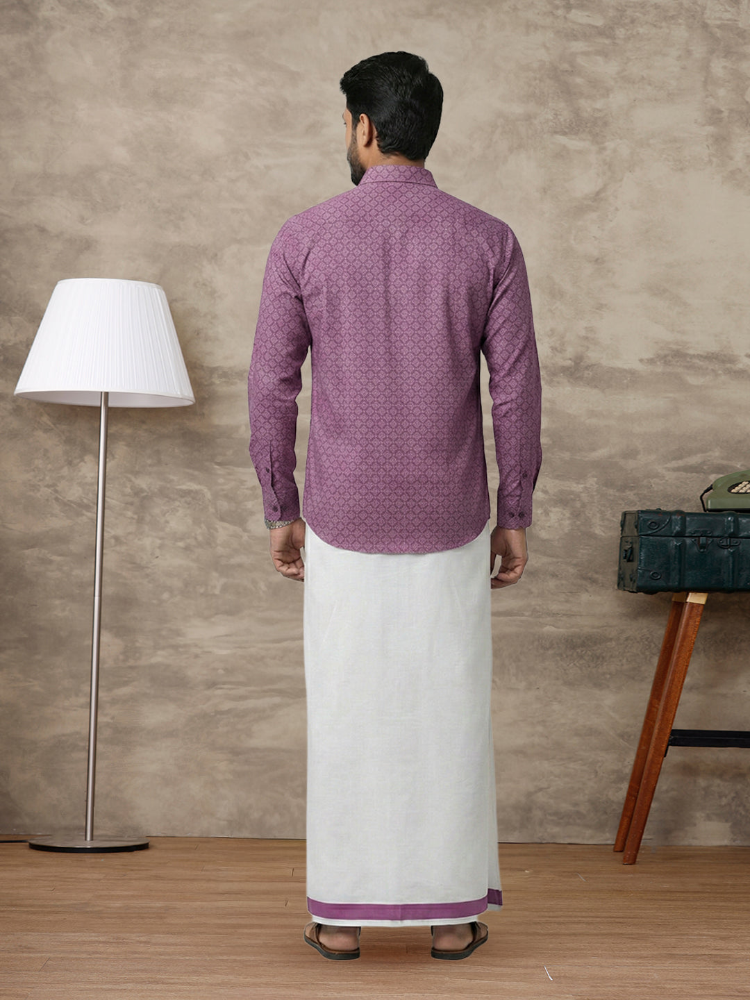 Men Dark Megenta Matching Border Dhoti With Printed Shirt Set Fusion PS28