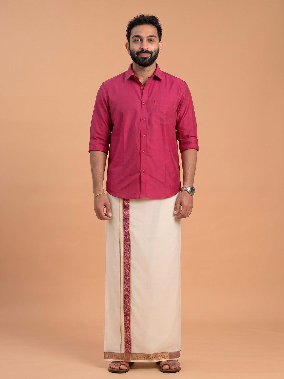 Double Layer 100% Cotton Cream Kora Dhoti with Colour Jari Border - CF03
