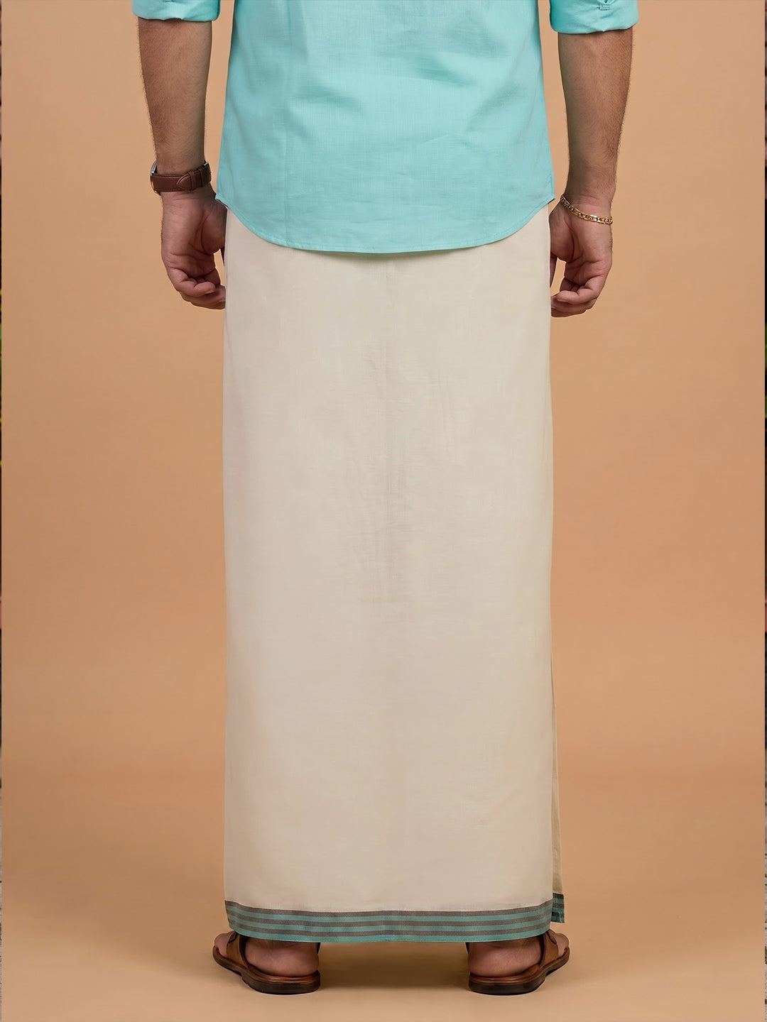 Double Layer 100% Cotton Cream Kora Dhoti with Colour Jari Border - SSJ02