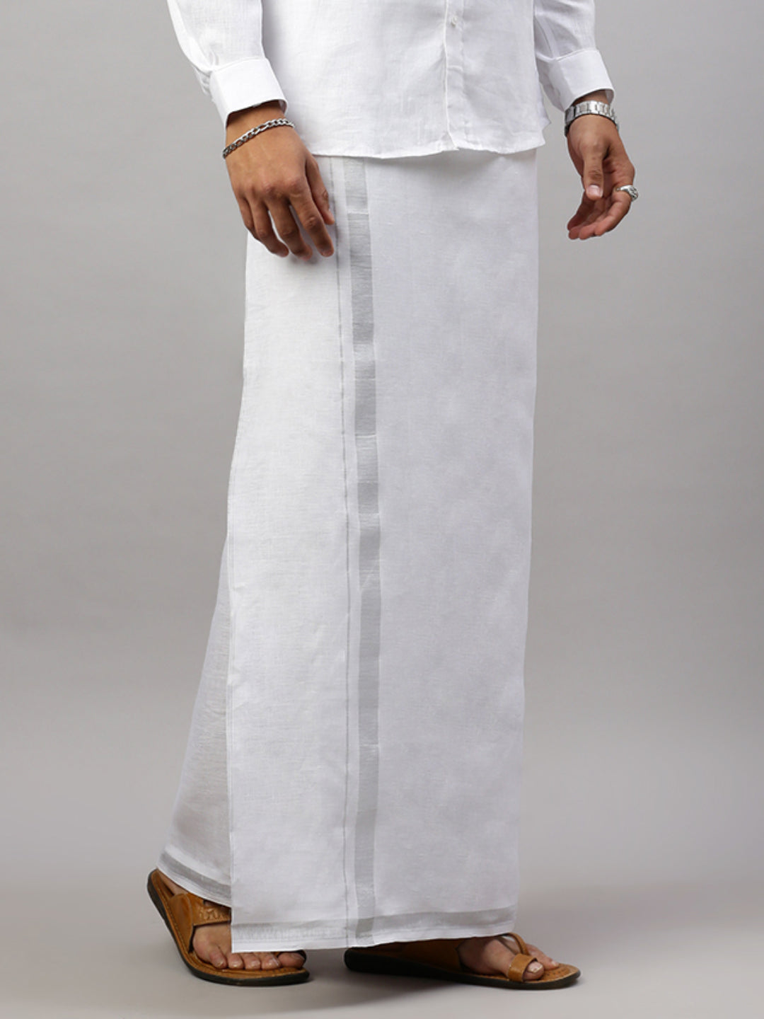 Men Pure Linen Double Layer White Dhoti with Silver Jari Border