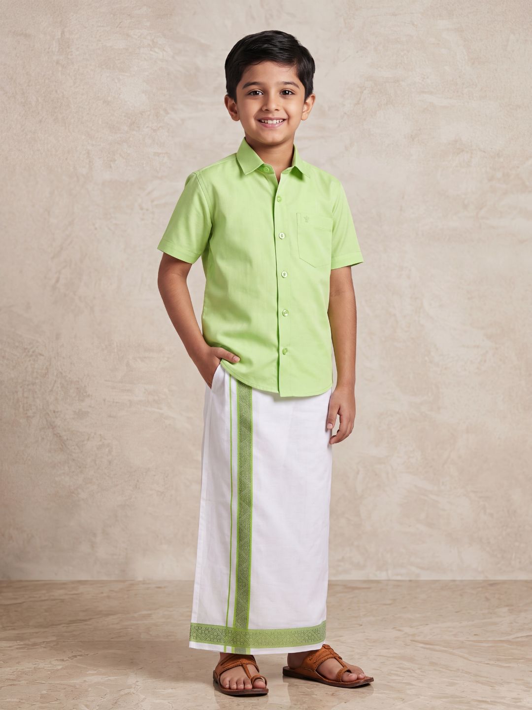 Boys 100% Cotton Green Shirt and Fancy Border Dhoti Set BT3