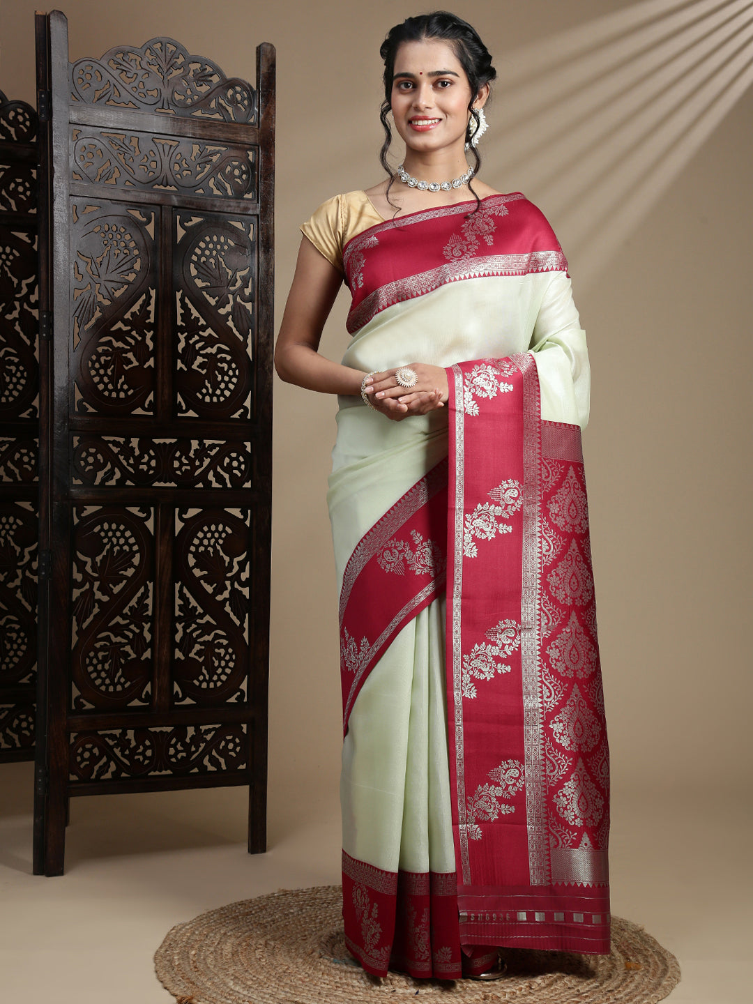 Women Moss Green Tissue Saree TS56