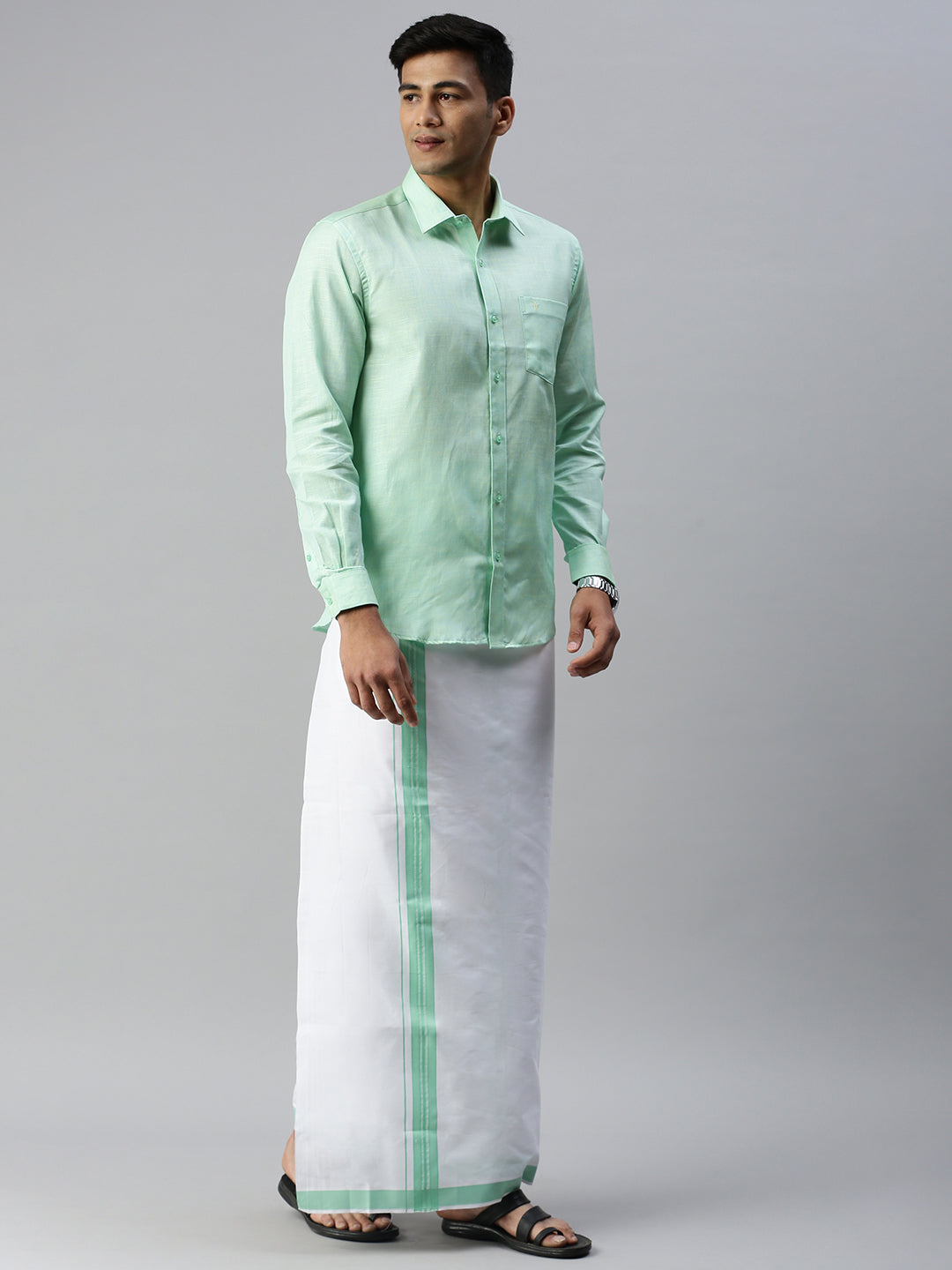 Mens Matching Border Dhoti & Shirt Set Full Light Pista Green C83-Side view