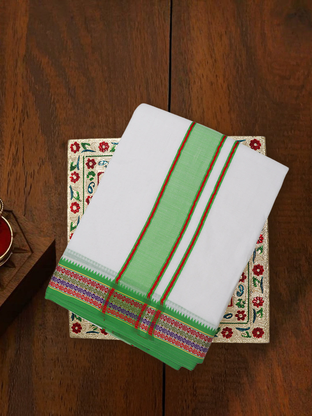 Men Cotton Green Fancy Border Panchakacham with Angavasthram Keerthisena (9+5) KS03