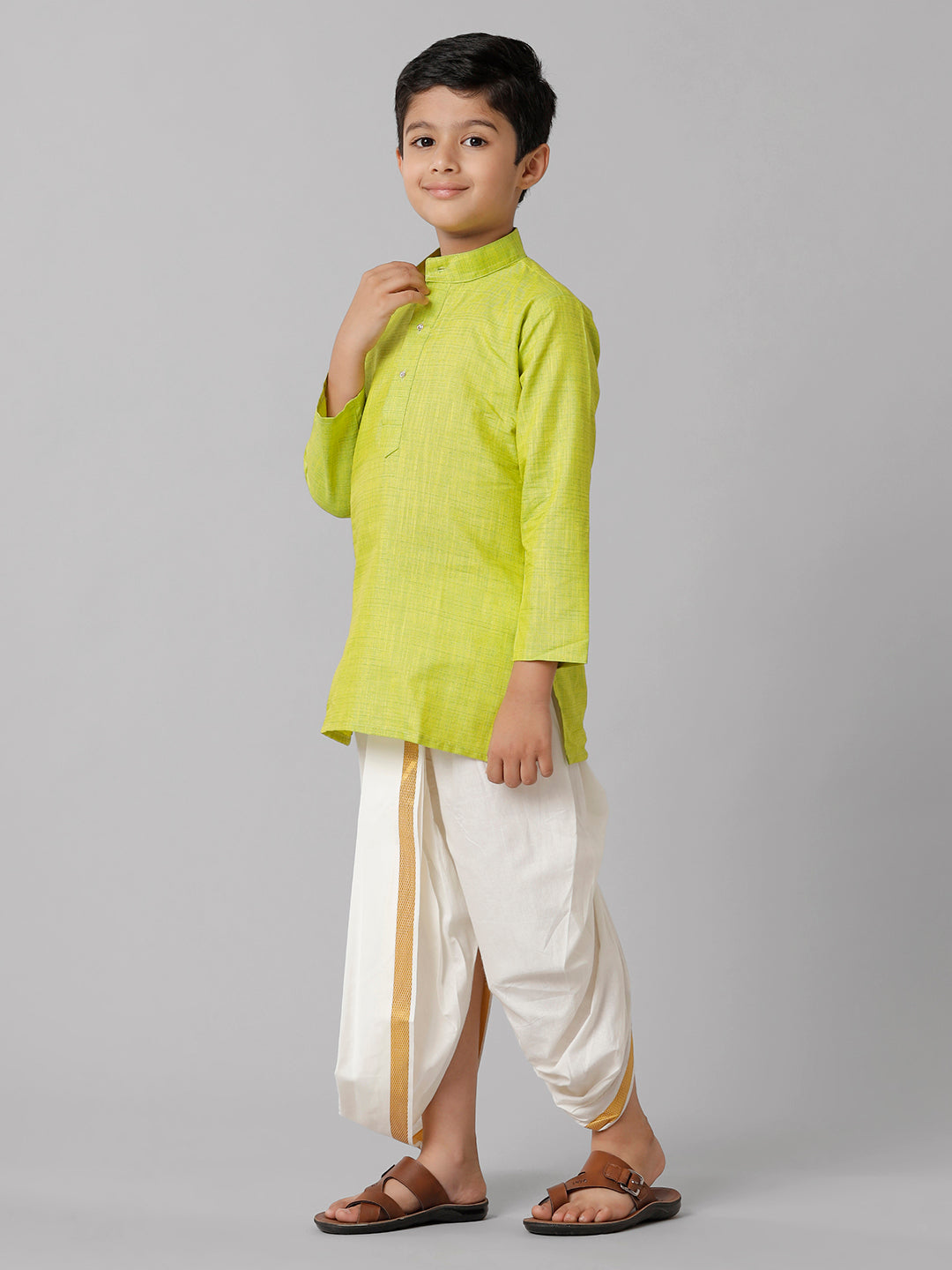 Boys Cotton Parrot Green Kurta with Cream Elastic Panchakacham Combo FS2-Side view