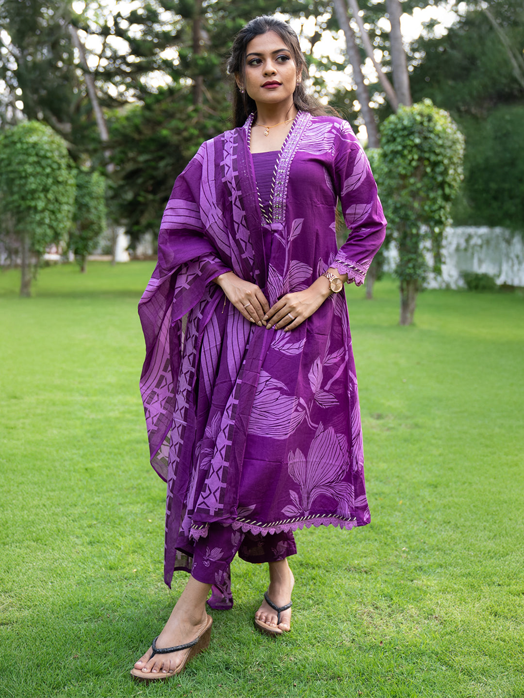 Women Pure Cotton Embroidered Purple Kurti with Pant & Dupatta Set EKS123