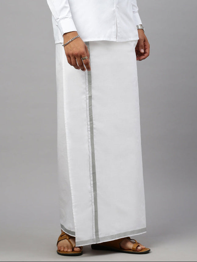 Men 100% Cotton Single Layer White Dhoti with 3/4" Silver Jari Border Shringar
