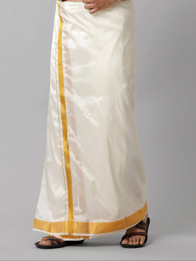 Mens Art Silk Double Dhoti Cream with Gold Jari Border 3/4 & Towel Set Kara Yoga-Side view