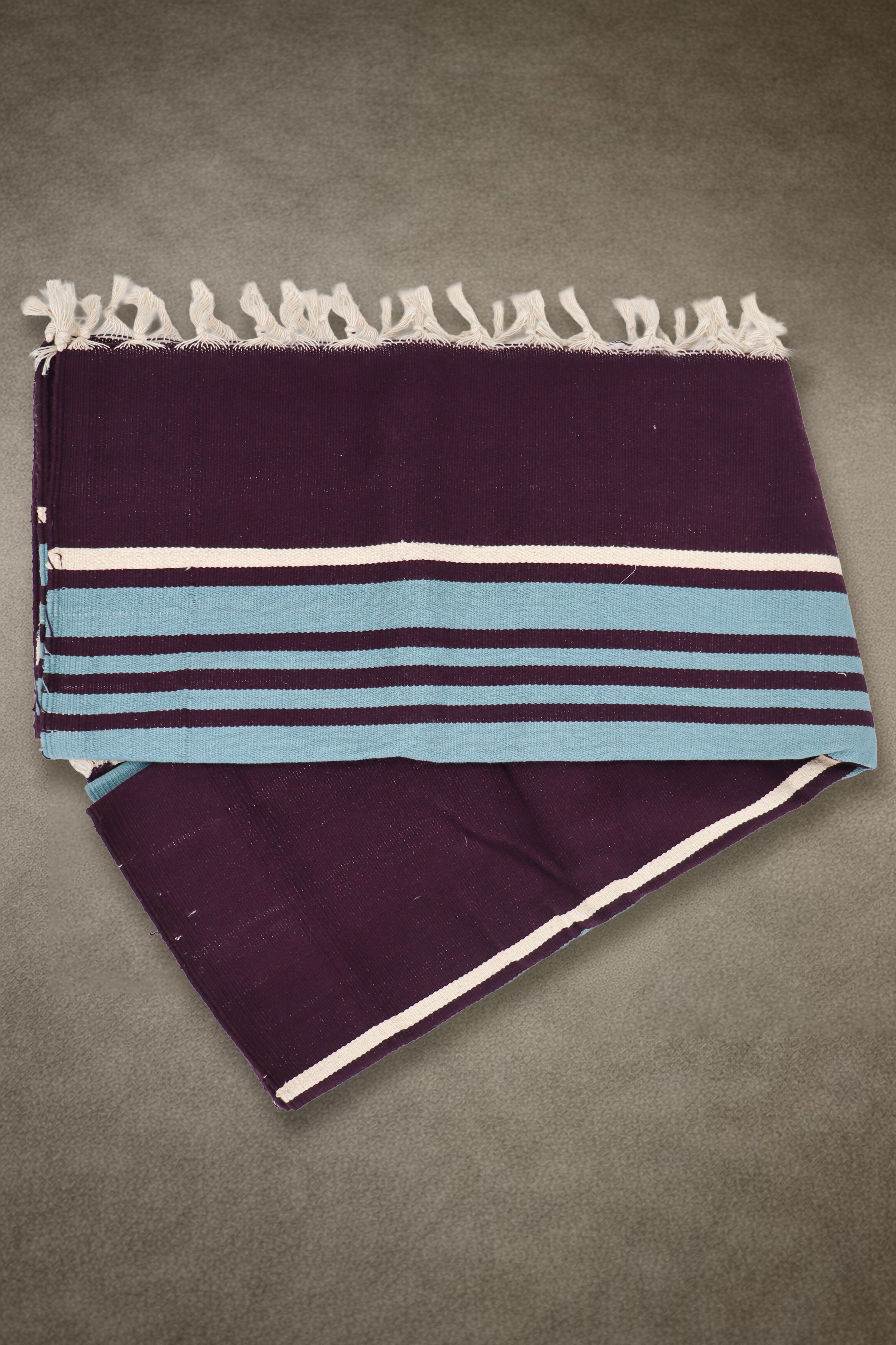 Bhavani Jamakkalam / Handwoven Cotton Carpet Dark Purple Base with White & Blue Stripes (3.25 ft × 6.5 ft)