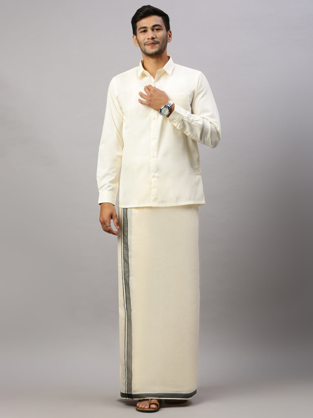Men Kora Cotton Double Layer Dhoti with Fancy Black Border Lark Plain LP03