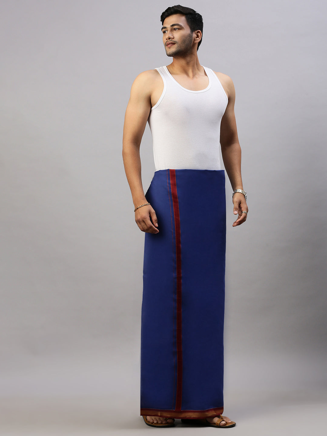 Men 100% Cotton Single Layer Blue Dhoti with Mayilkhan Border Brindhavan