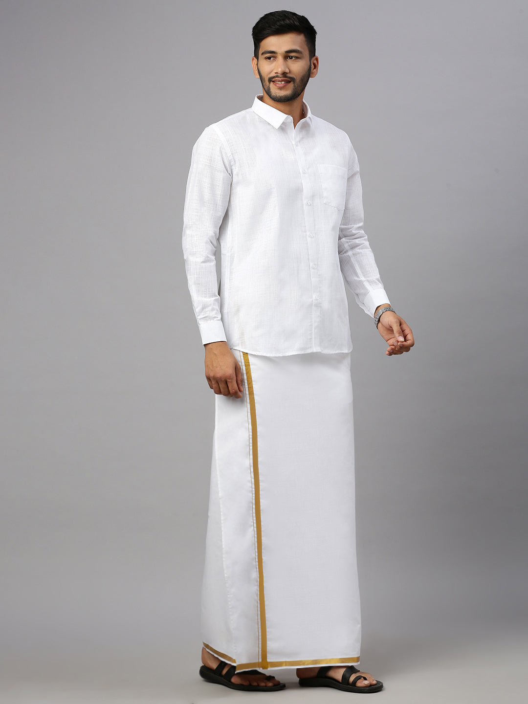 Mens Readymade Double Dhoti White with Gold Jari Border