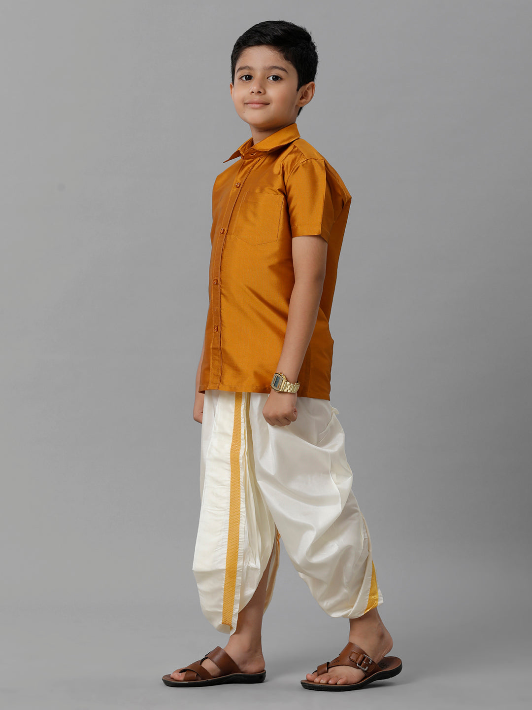 Boys Silk Cotton Mustard Half Sleeves Shirt with Soft Silk Panchakacham Combo K37-Side view
