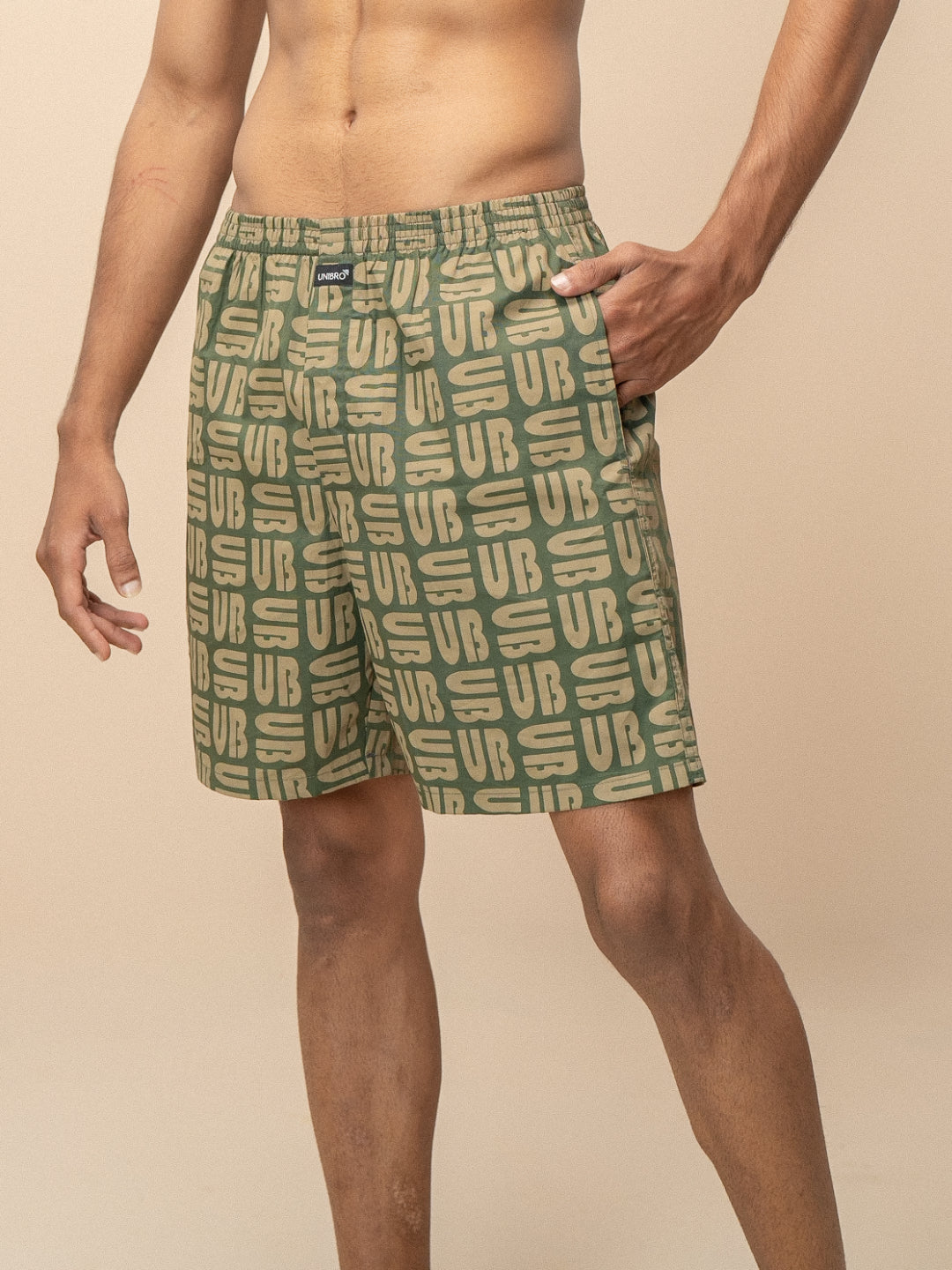 Men 100% Combed Cotton Green Woven Printed Boxer Long Shorts WB49