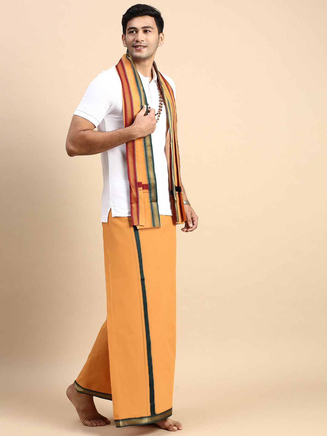Men Devotional Mayilkhan Border Dhoti with Towel & TShirt Set Kaavi EP1