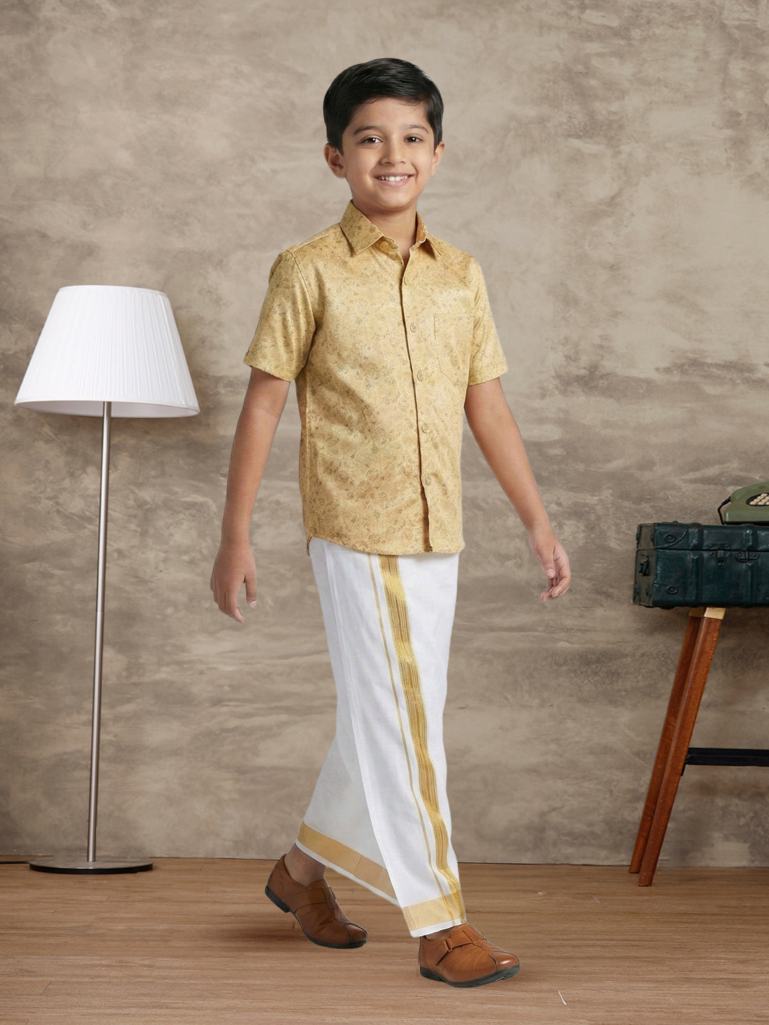 Like Father Like Son Matching Border Dhoti with Printed Shirt Combo Set Sandal PS21