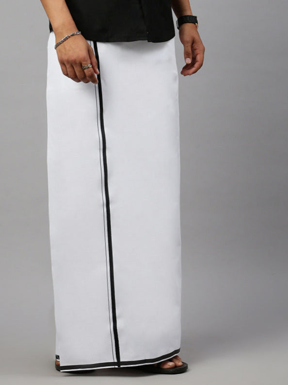 Men Cotton Blend Single Layer White Dhoti with Fancy Border Benchmark