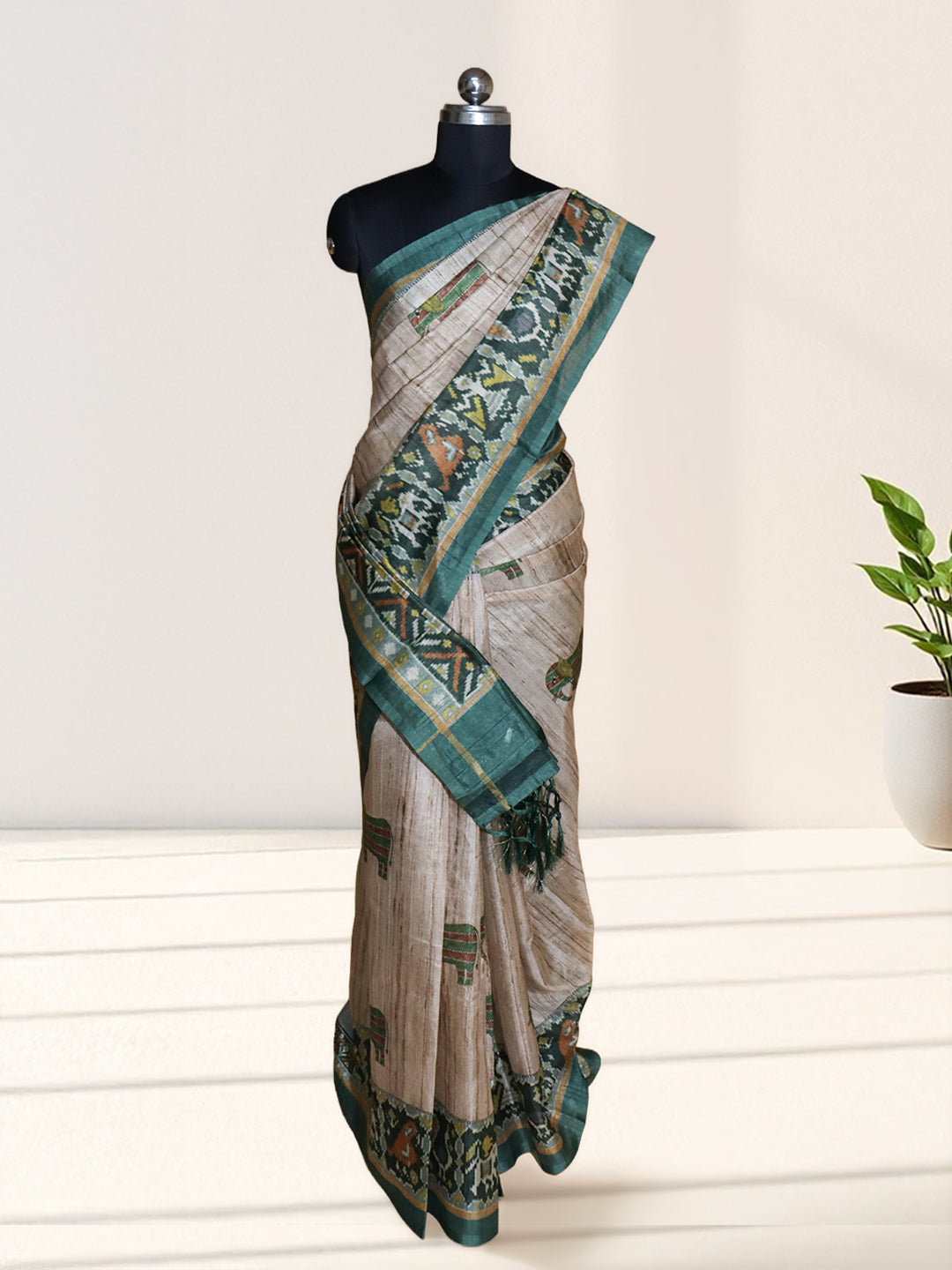 Women Brown with Green Semi Tussar Printed Saree ST309