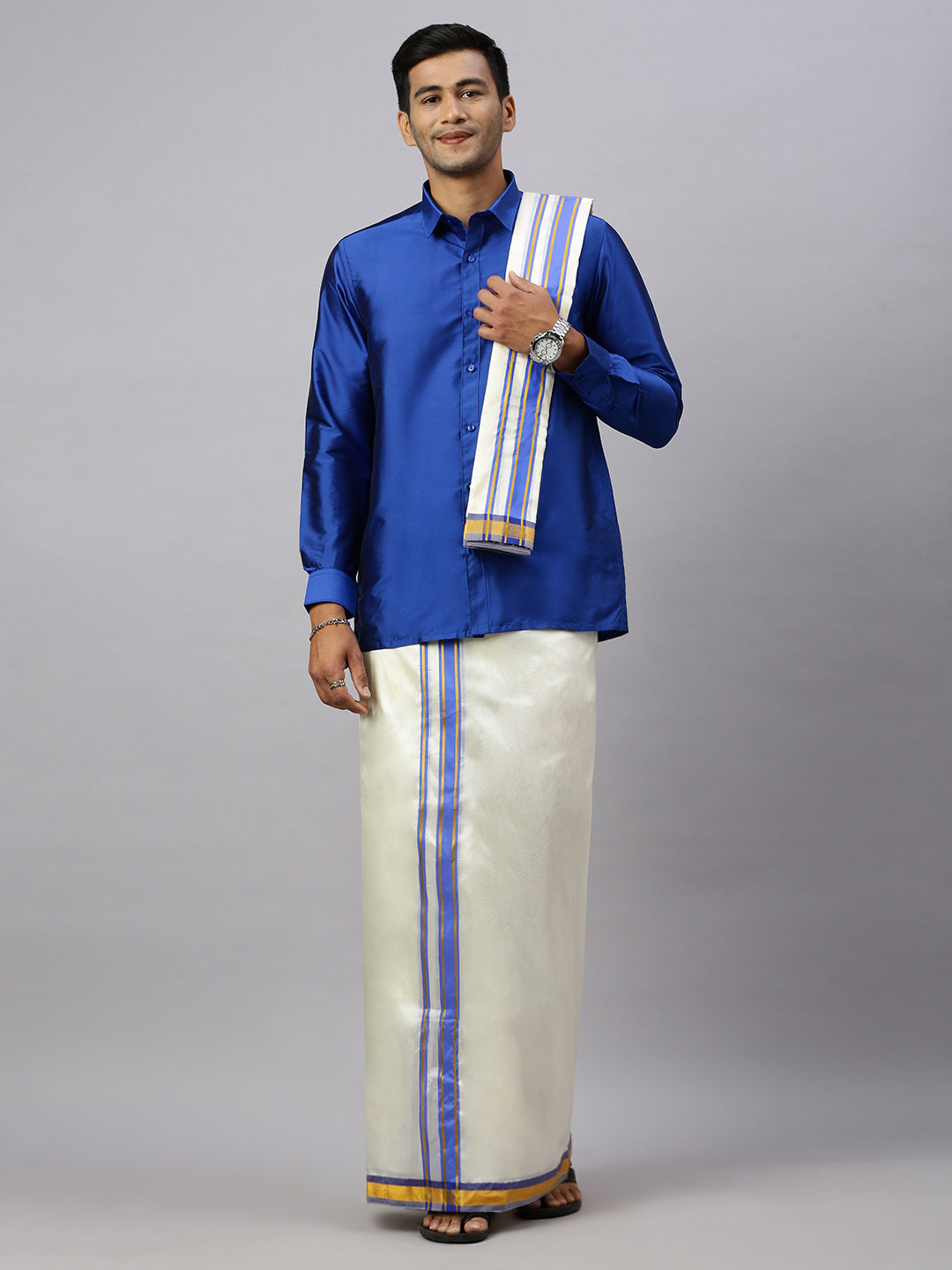 Men Full Sleeves Poster Blue Shirt with Matching Border Cream Dhoti & Towel Set K5