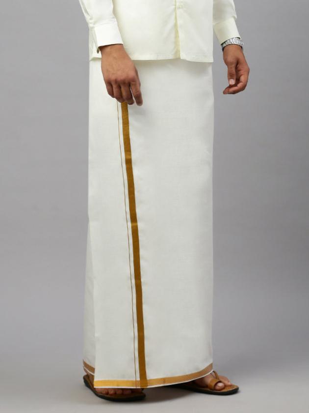 Men Cotton Blend Readymade Single Layer Cream Dhoti with 3/4" Gold Jari Border C146